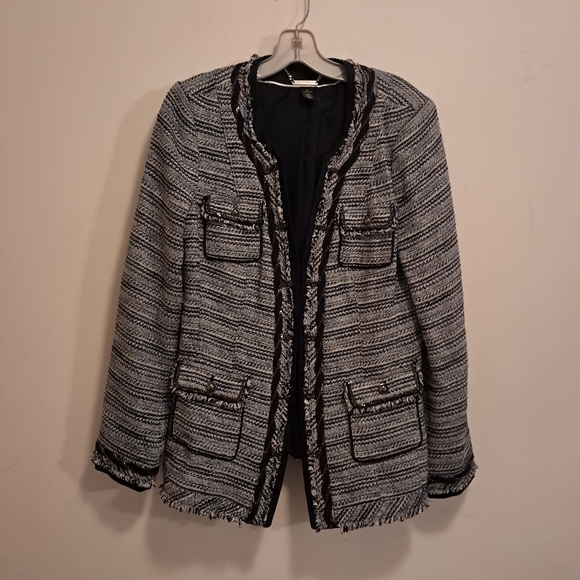 White House Black Market Blazer Jacket Women's 14 Blue Tweed Fringe Chain Formal - Picture 2 of 10